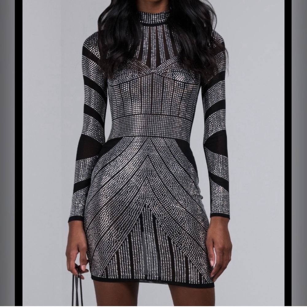 AKIRA Rhinestone Studded Black Mesh Long Sleeve Bodycon Mini Dress- Size Large
